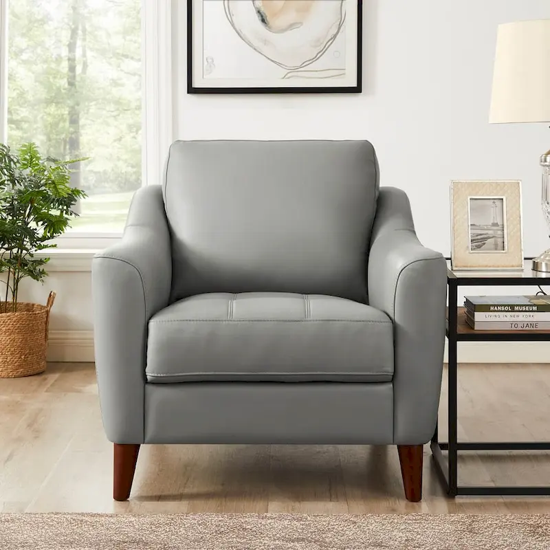 Silver Grey / Vanilla White / Spa Blue Top Grain Leather Accent Chair with Memory Foam – Transitional Style, Seats 1