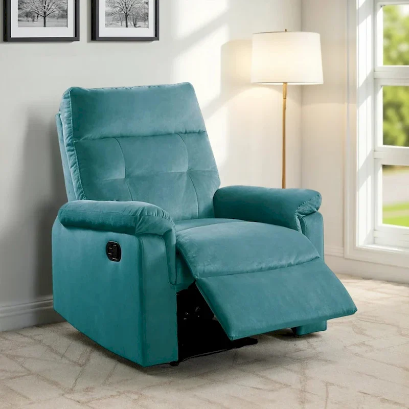 Manual Recliner Chair, Tufted Cushioned Blue Velvet, Solid Wood