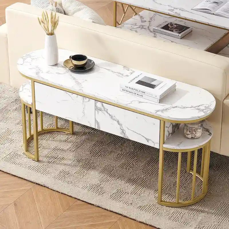 White Faux Marble Console Table with Gold Metal Frame