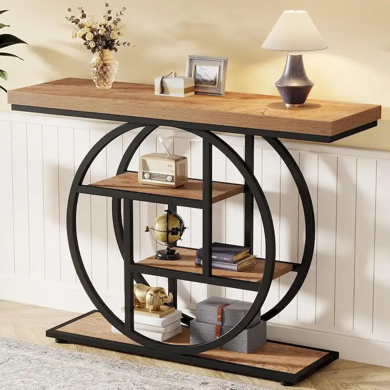Industrial 4-Tier Sofa Table Entryway Table with Circle Base