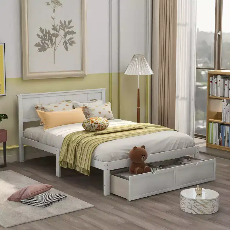 Bellemave Full Size Platform Bed with Storage Drawers, White C Pine & MDF Frame, Under-Bed Storage, Extra Support Legs, Easy Assembly