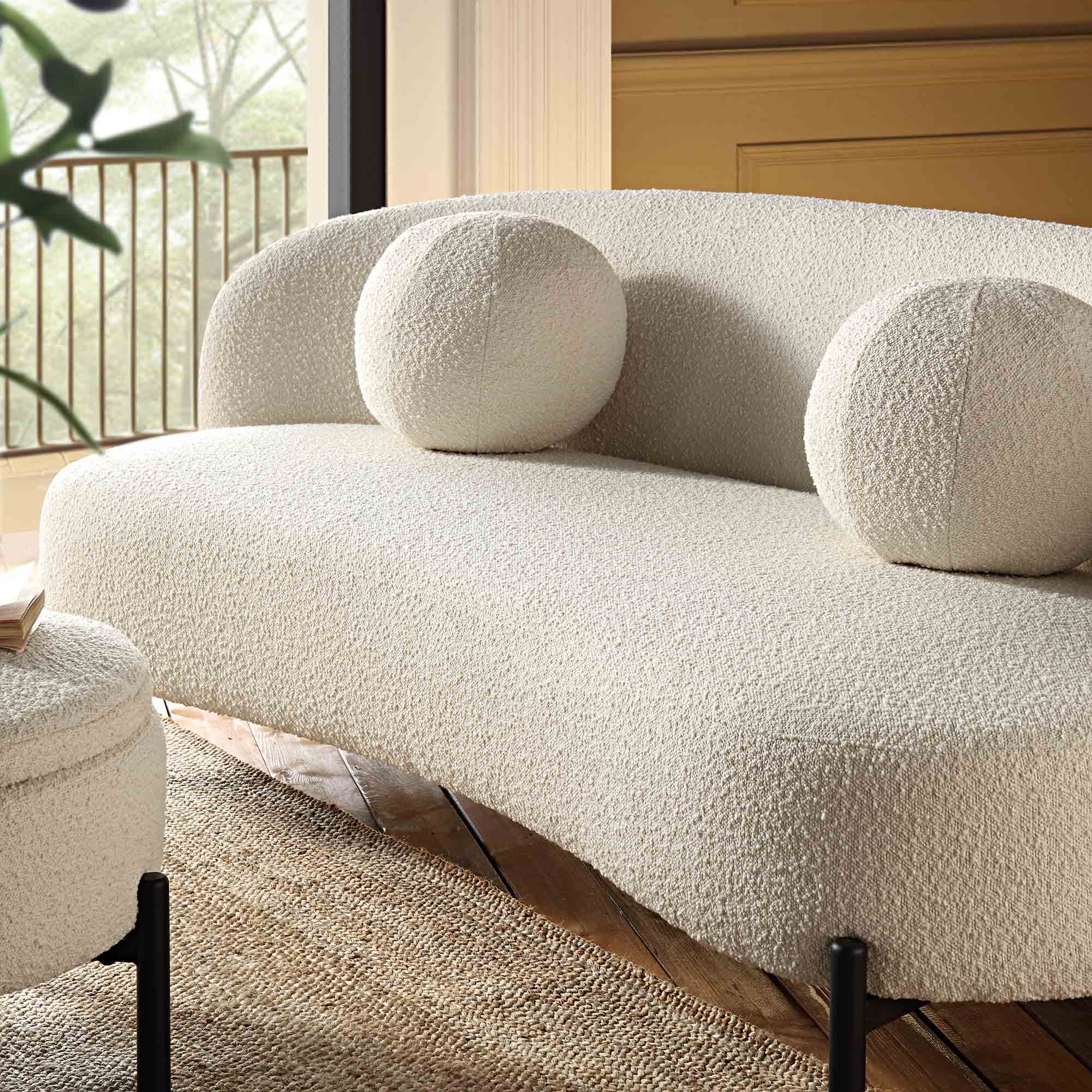 3-Seater Curved Sofa with Ball Cushions, Ecru Boucle