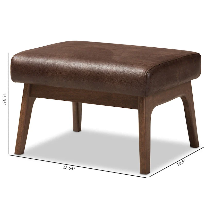 Brown Faux Leather Ottoman with Wood Legs