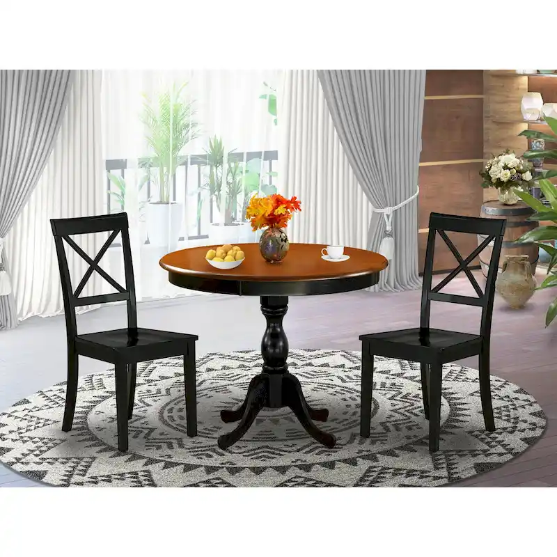 East West Furniture 3 Piece Kitchen Table Set- A Round Dining Table and Wooden Seat Chairs, Black & Cherry (Pieces Options)