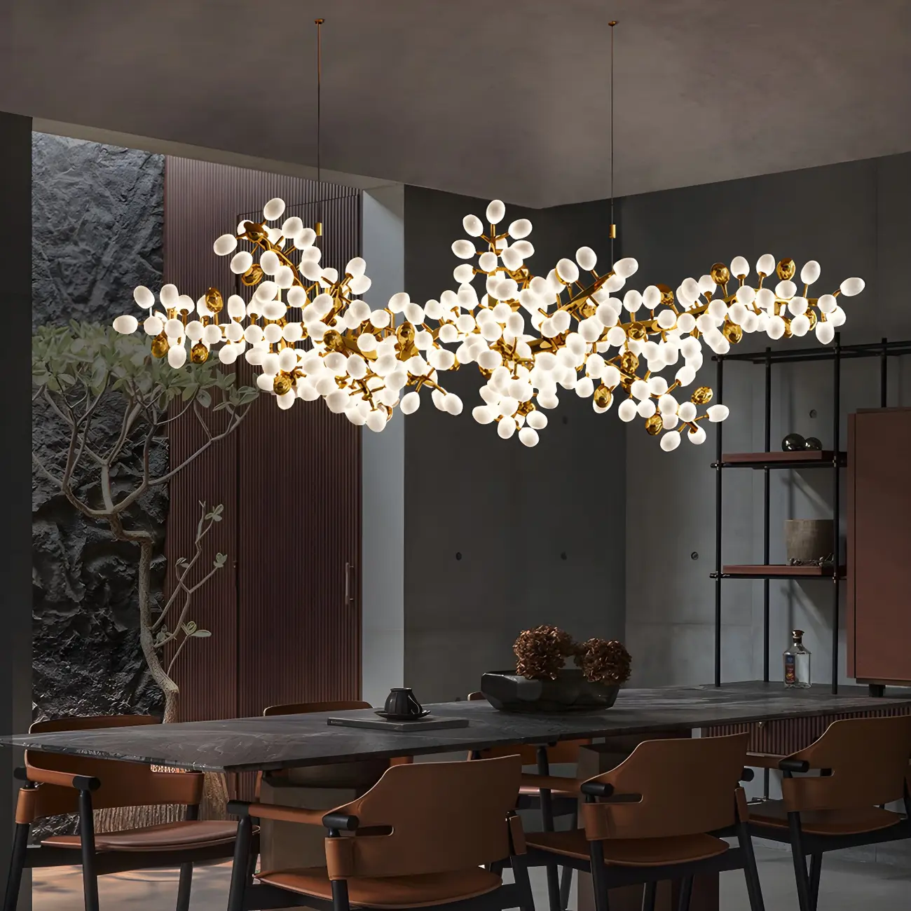 1 Tier Gold Branch White Glass Oval Cluster Pendant Light