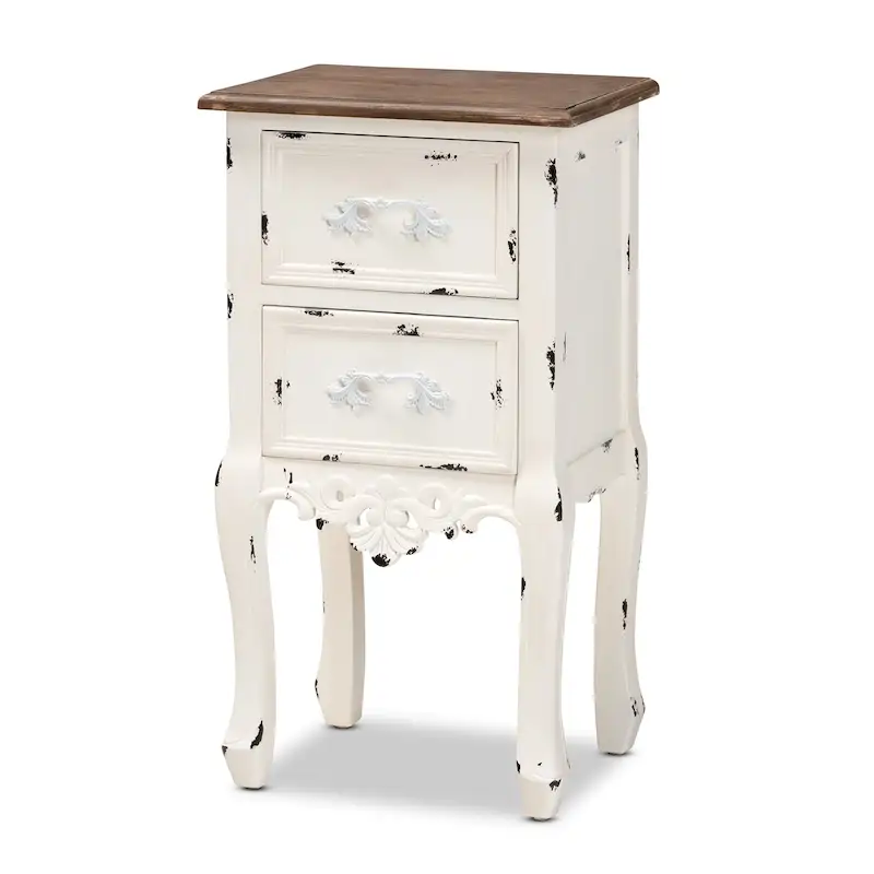 Classic and Traditional Two-Tone Walnut Brown and Antique White Finished Wood 2-Drawer End Table