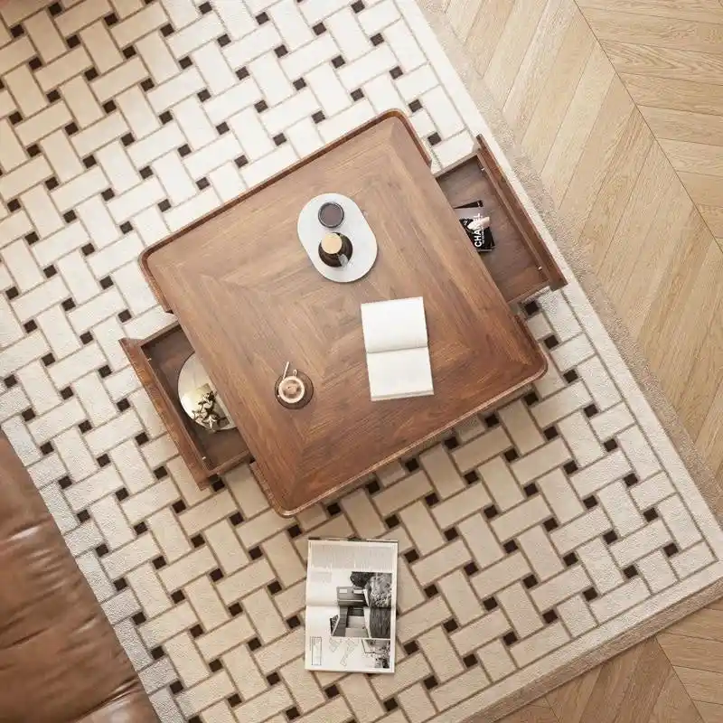 Walnut Triangular Coffee Table with 2 Drawers