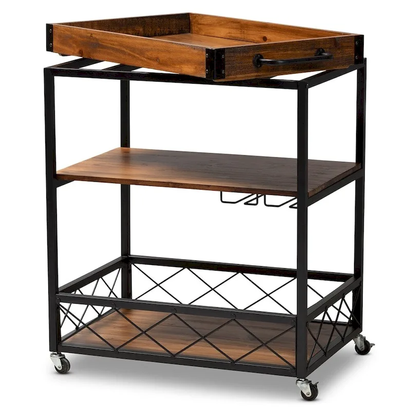 Capri Vintage Rustic Industrial Oak Brown and Black Finished Mobile Metal Bar Cart with Stemware Rack