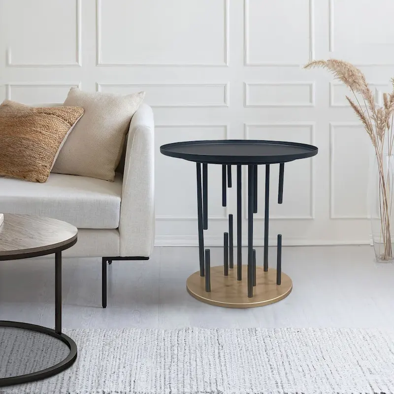 Black & Brass Round Tray Top Side End Table, Iron, Single