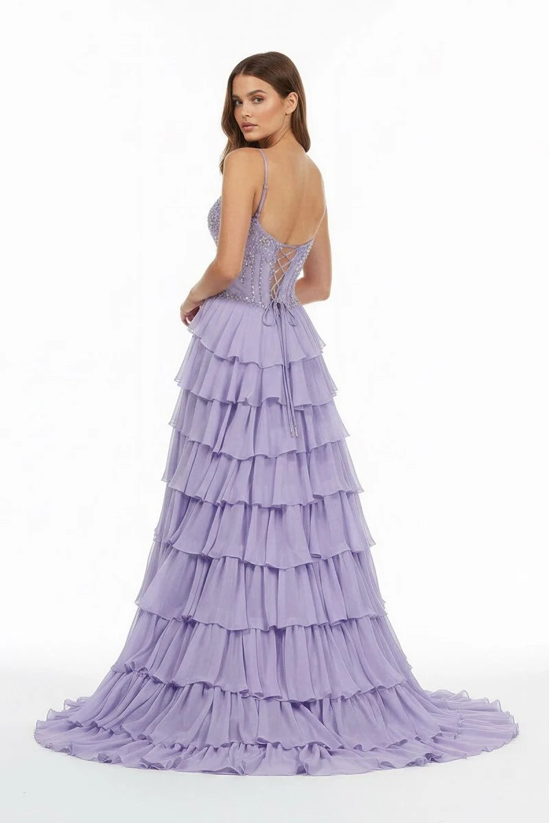 Lilac Sweetheart Chiffon Ruffled A Line Long Formal Prom Dresses With Beading