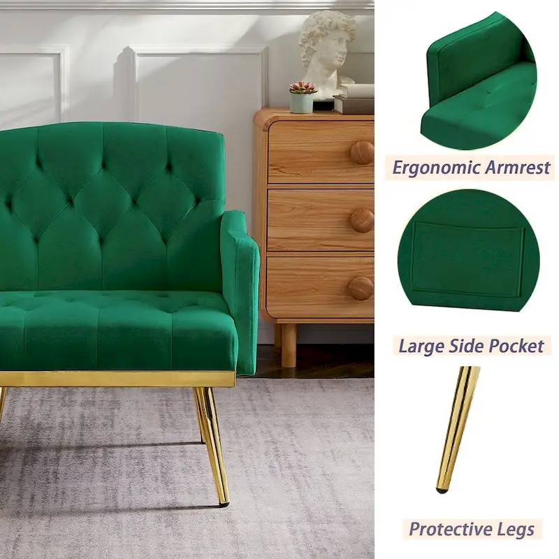 Velvet Accent Chair, Comfy Tufted Upholstered Armchair, Gold Legs - 28.7W