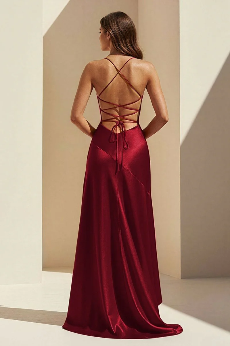 Burgundy - Spaghetti Straps Sheath Satin High Low Prom Dresses With Ruffles