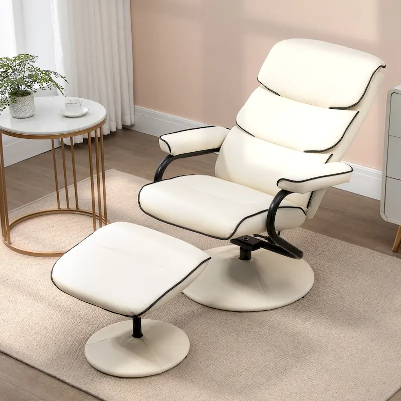 White / Bronze Swivel Recliner Chair with Ottoman, 1-Person, PU Leather, 135° Adjustable Backrest