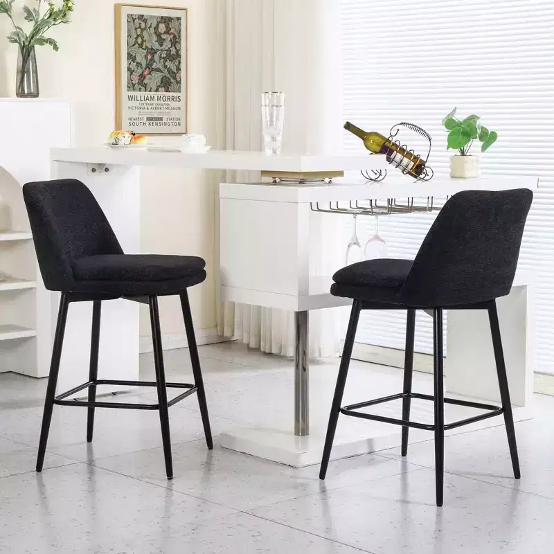 MAYEERTY Set of 2 Counter Height Swivel Bar Stools 360 Swivel Upholstered 25.6in Seat Height Linen Cloth Black for Kitchen Island Pub