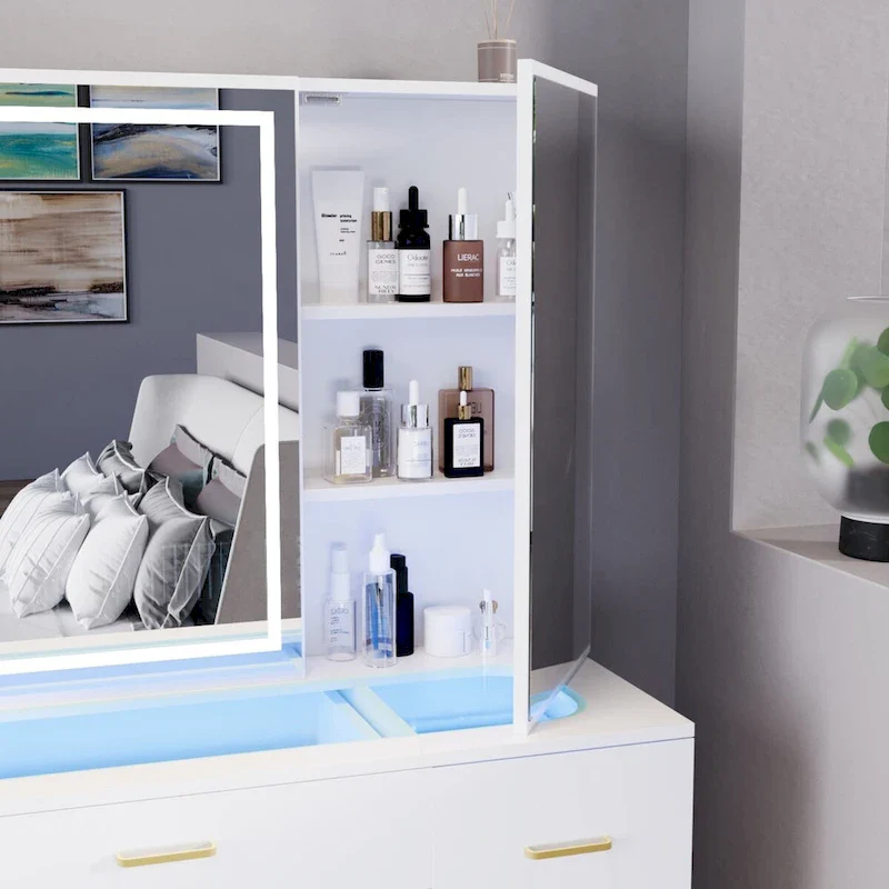White Vanity Table Set with LED Mirror, 7 Drawers & Cushioned Stool, 40