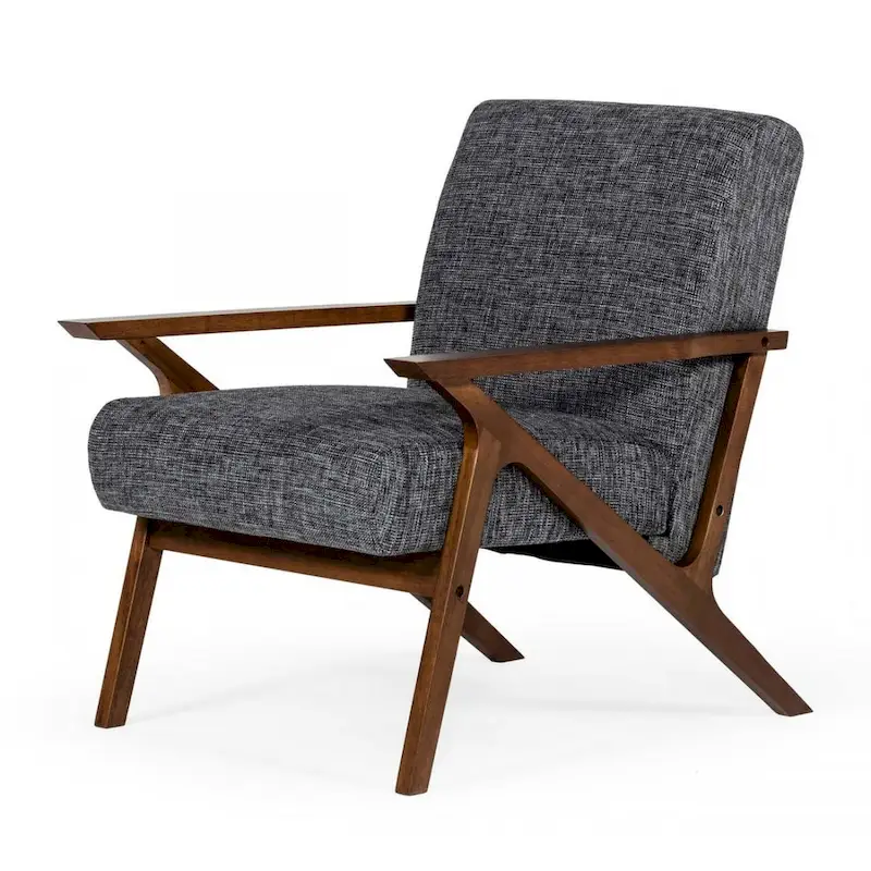 Grey Mid-Century Walnut Veneer Accent Chair with Square Arms & Foam Cushions - Single Use