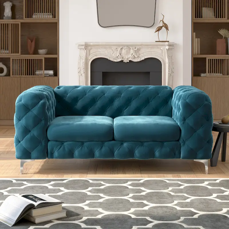 French Blue / Grey / Navy Blue / Teal Velvet Chesterfield Loveseat, 2-Seat
