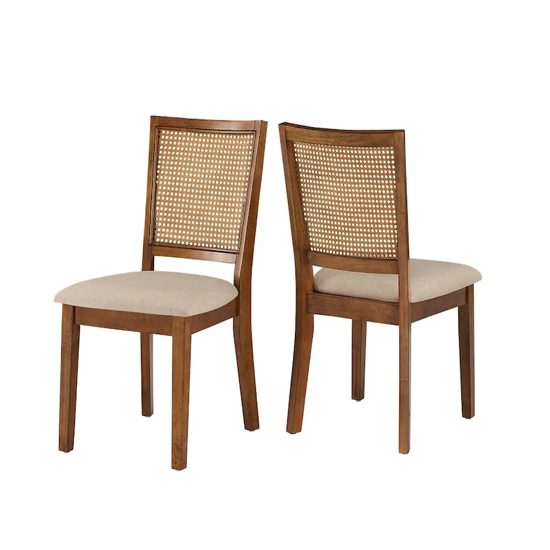 Rattan Back Dining Chair, Beige Linen Seat, Set of 2 – Oak/White/Grey/Black