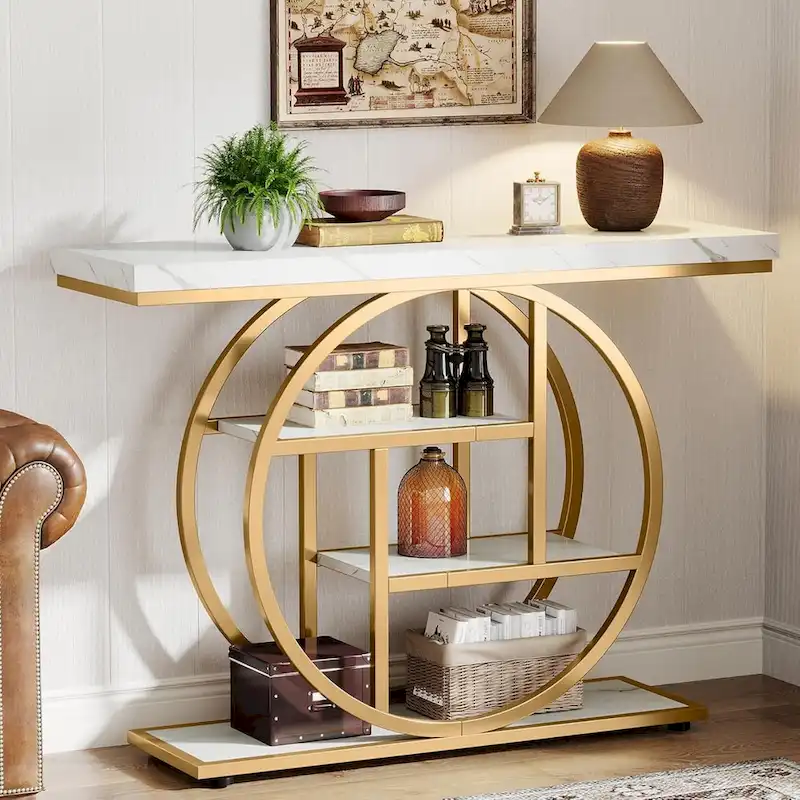 Industrial 4-Tier Sofa Table Entryway Table with Circle Base