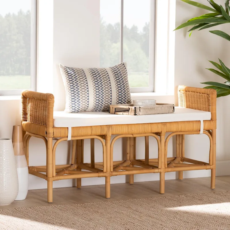 Modern Bohemian Natural Brown Rattan Bench – Handcrafted Boho Entryway Seat