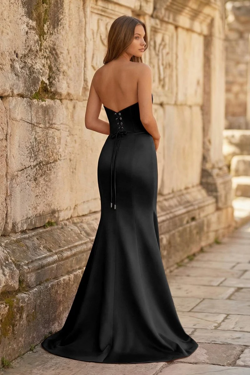 Red Mermaid Strapless Satin Long Prom Dresses With Slit