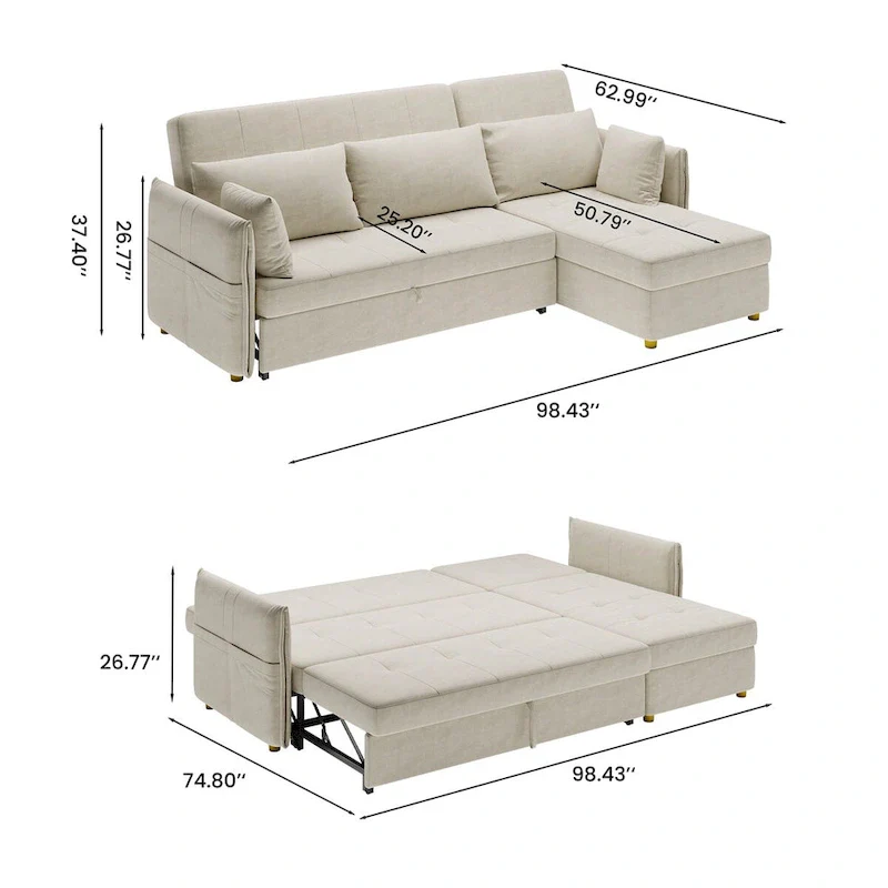 L-Shape Sofa Bed with Scratch-Resistant Fabric and Solid Wood Frame