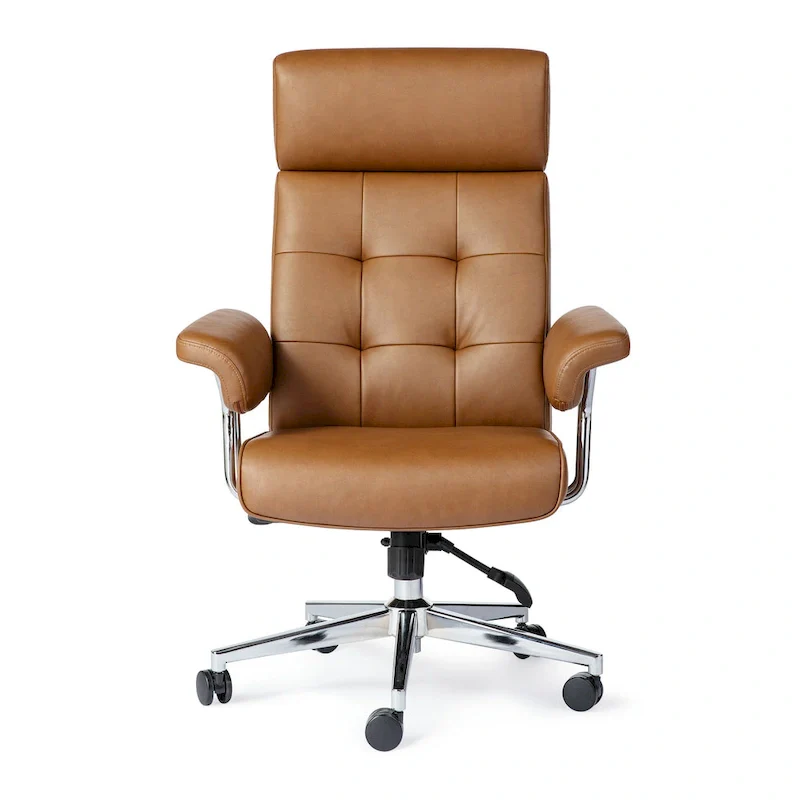 Glitzhome Mid-Century Modern Brown Leatherette Gaslift Adjustable Swivel High Back Office Chair with Armrest