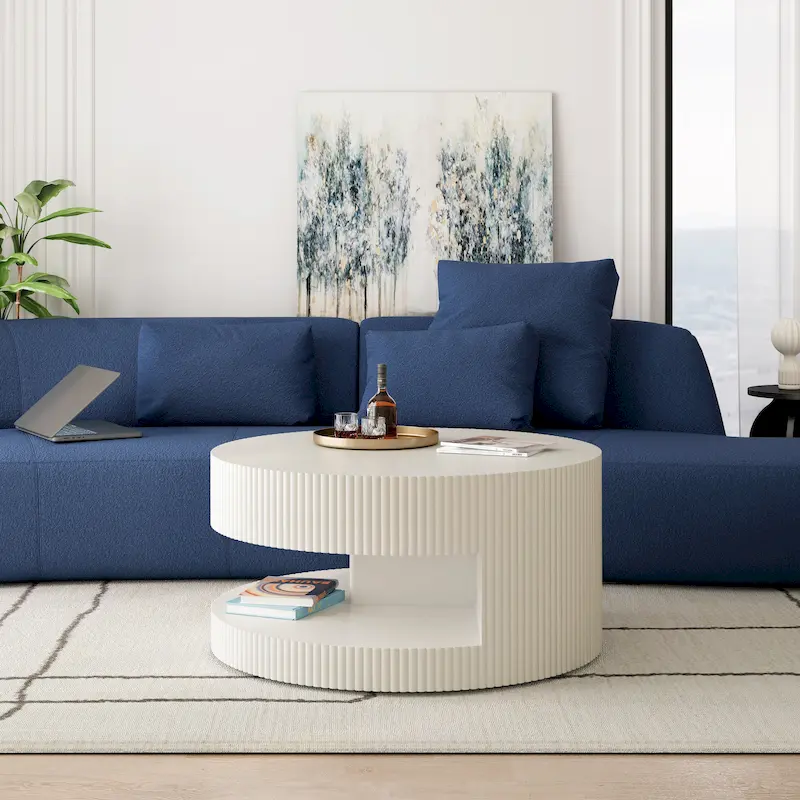 White / Black Modern Round Coffee Table with Embossed Stripe Design & 2-Tier Open Storage, 31.5 Inch
