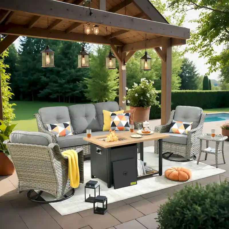 XIZZI 5-piece Patio Furniture Wicker Swivel Rocking Chair Set with Fire Pit