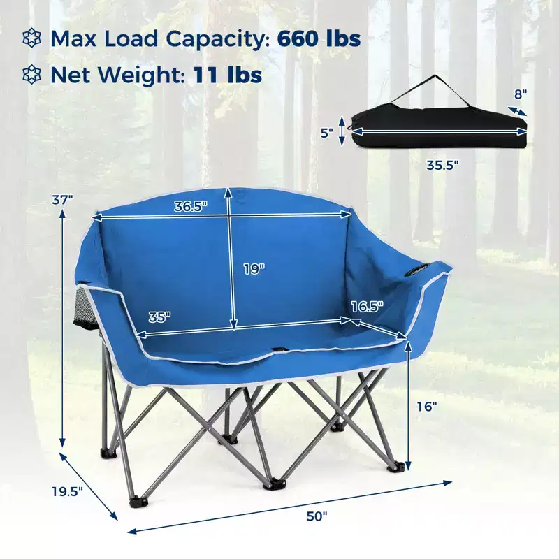 Costway Double Duo Camping Chair with Armrests Cup Holders Carry Bag Heavy Duty Lawn Chair Gray/Blue/Green