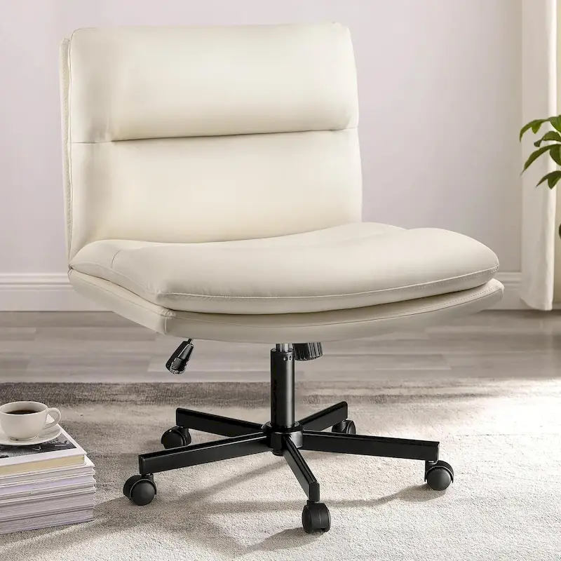 Cross Chair with Wheels,PU Leather Armless Cross Legged Office chair, Adjustable Wide Seat Task Vanity Chair