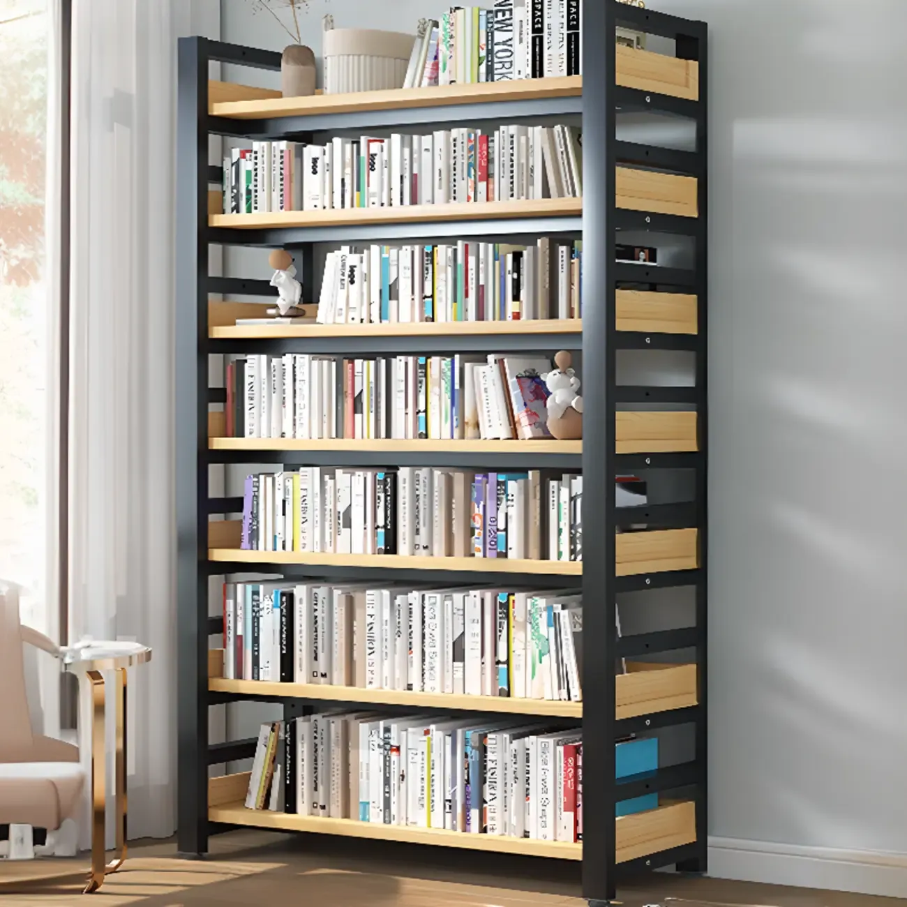 Freestanding Simple Multi-Layer Wood Bookshelf in Steel Frame