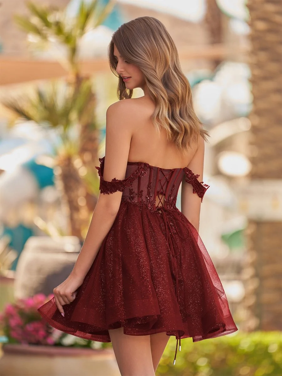 Burgundy - A Line Off the Shoulder Lace Corset Sequined Homecoming Dresses