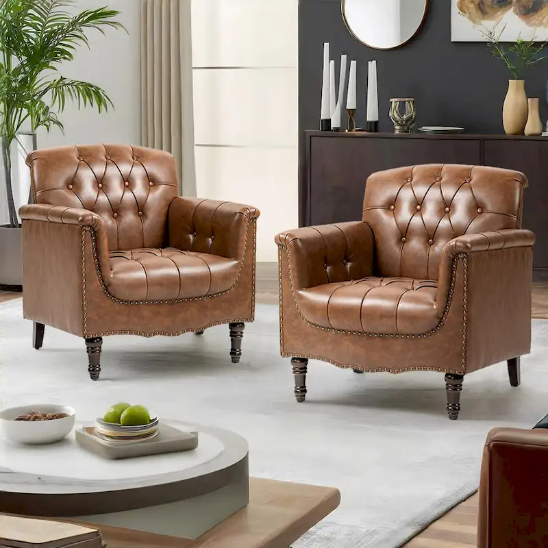 Tufted Vegan Leather Accent Chairs Set of 2, Armchair with Nailhead Trim
