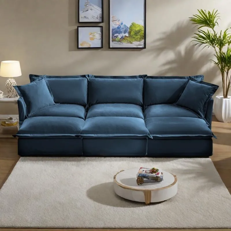 Blue / Cream / Green / Black Corduroy Modular 3-Seater Sofa with 3 Ottomans, Sleeper, for 3–4 People