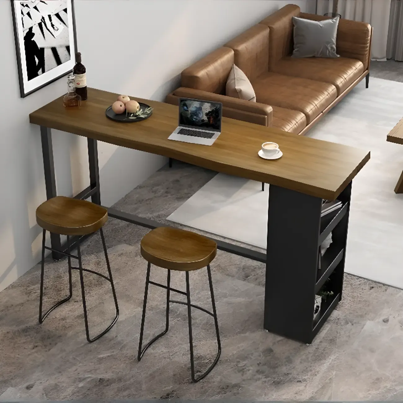 Industrial Brown Wooden Bar Height Table Metal Base with Shelves