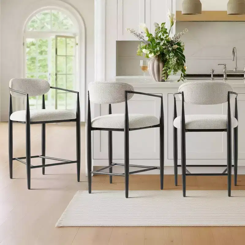 Set of 3 Modern Upholstered Counter Height Bar Stool with Tapered Black Metal Legs, Spacious Seat for Kitchen Island or Home Bar-Panipeachy
