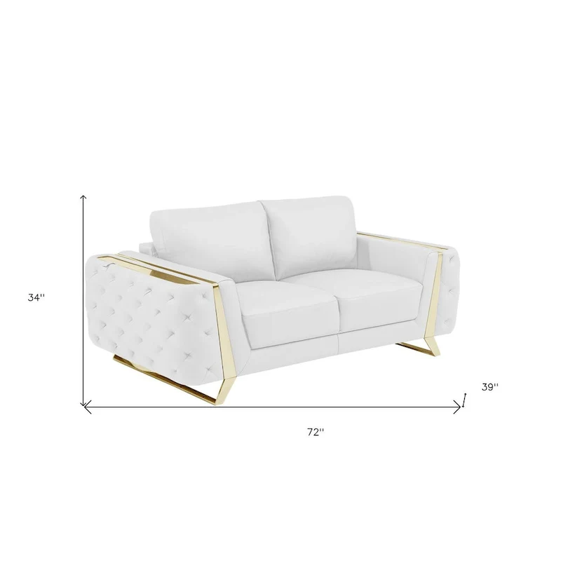 HomeRoots 72  White And Gold Genuine Leather Loveseat