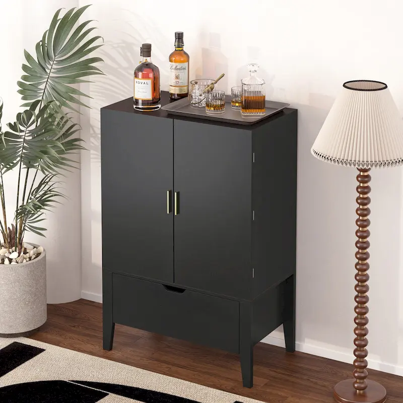 Brown+White / Black+Brown Industrial Style Sideboard with Wine Rack & Stemware Holder, for 1