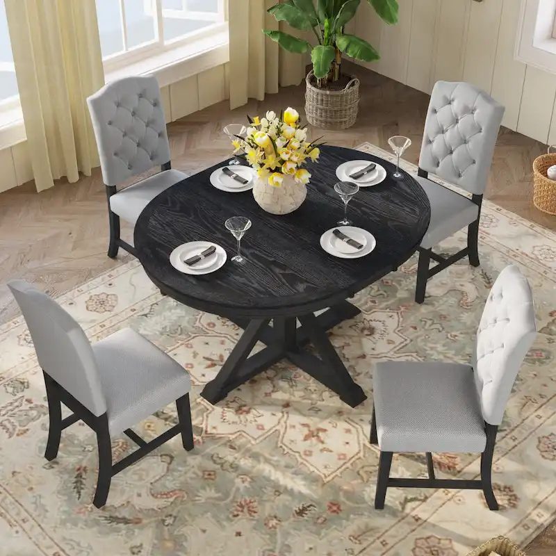Dining Table Set with Extendable Table and 4 Upholstered Chairs