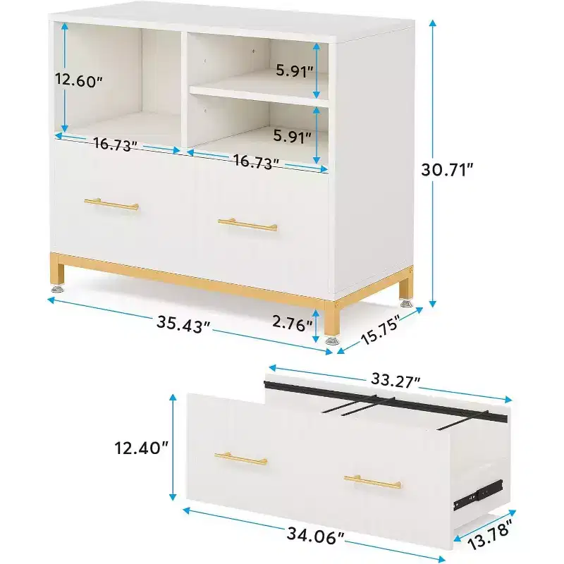 Lantine Lateral File Cabinet with Drawer, White Filing Cabinet for Letter/Legal/A4 Size with Printer Stand for Home Office, White and Gold