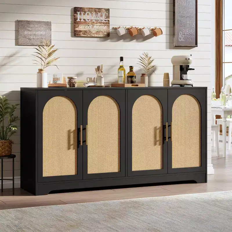 59 Rattan Sideboard Buffet Cabinet - Large Storage Cabinet with 4 Doors, Console Table Accent Coffee Bar Cabinet for Living Room, Kitchen,Dining Room