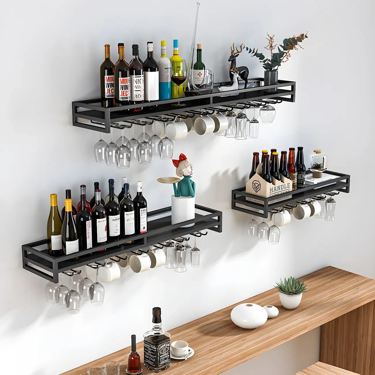 Floating Mount Metal Wine Glasses and Bottle Rack with Hook