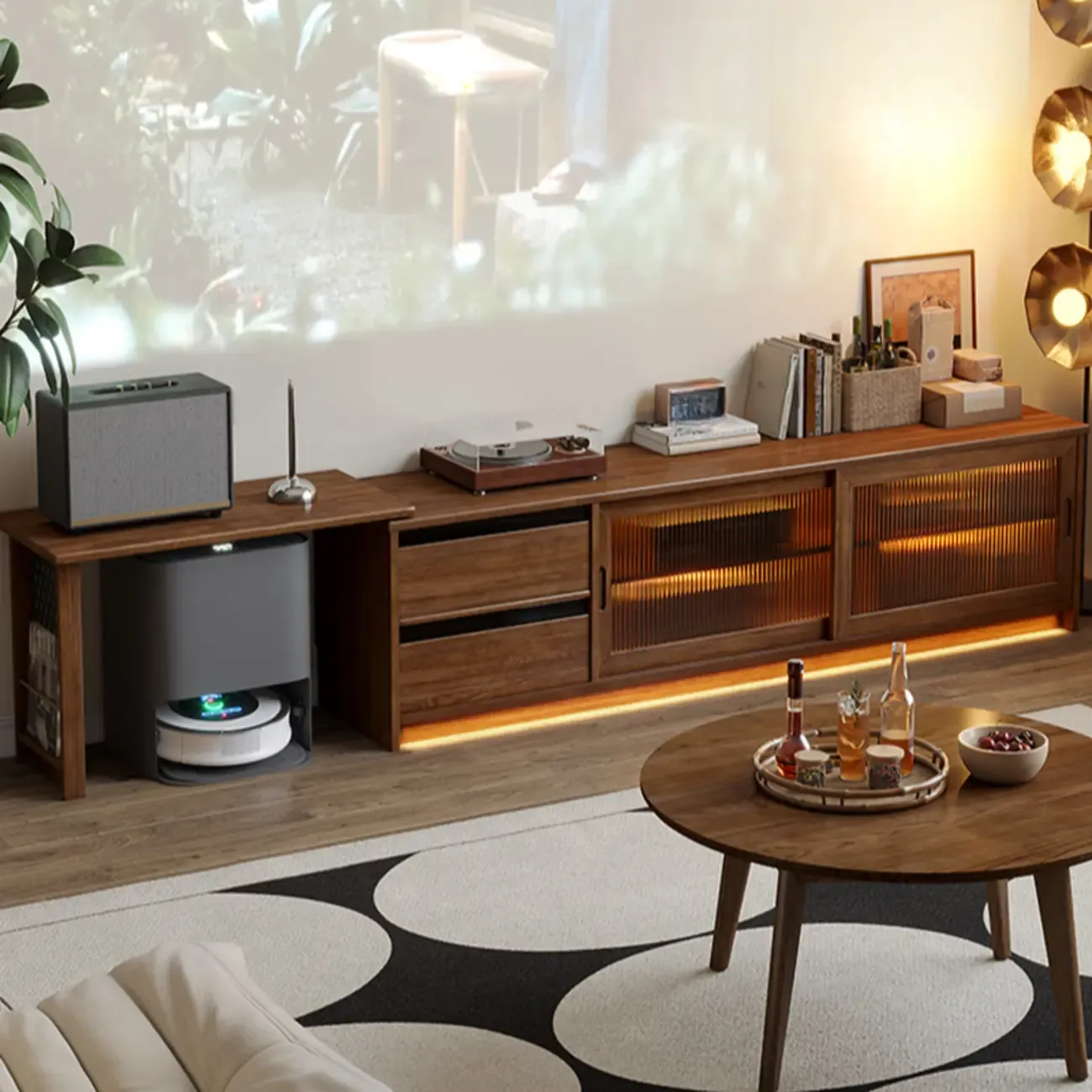 Extendable Long Brown Wood TV Stand with 2 Cabinets