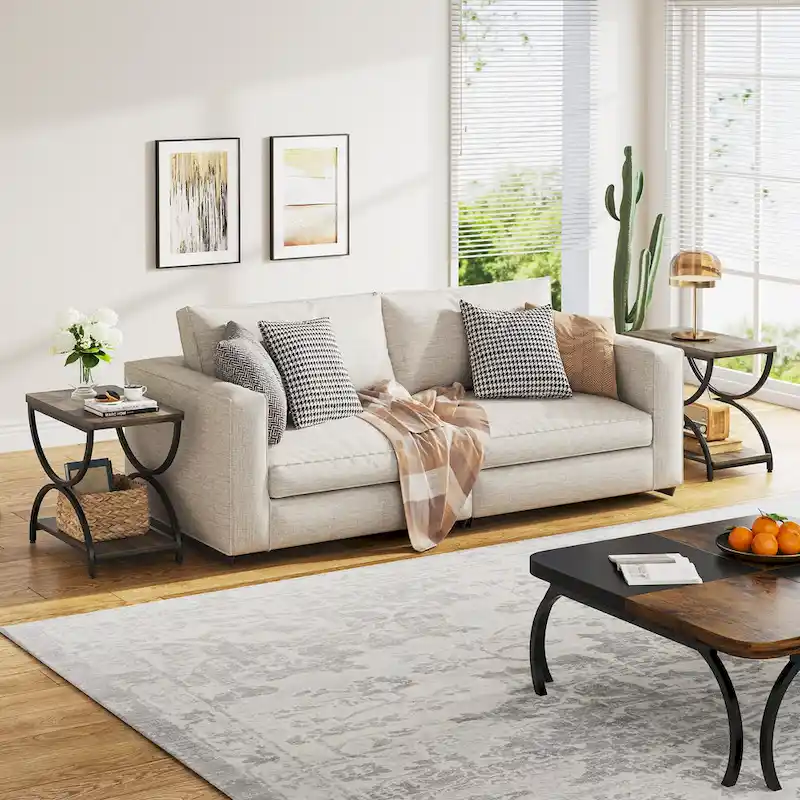 Brown / White 2-Tier Metal Frame Side Table, for 1–2 Person