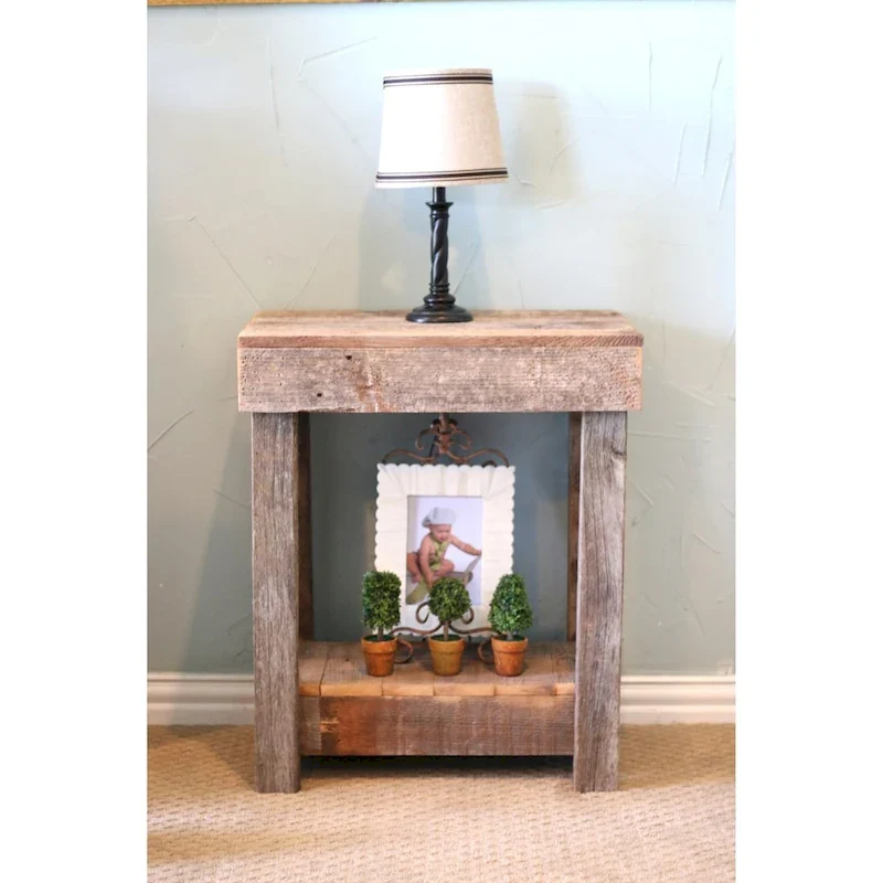 Rustic Reclaimed Wood End Table – White / Brown, 2-Tier, Seats 1