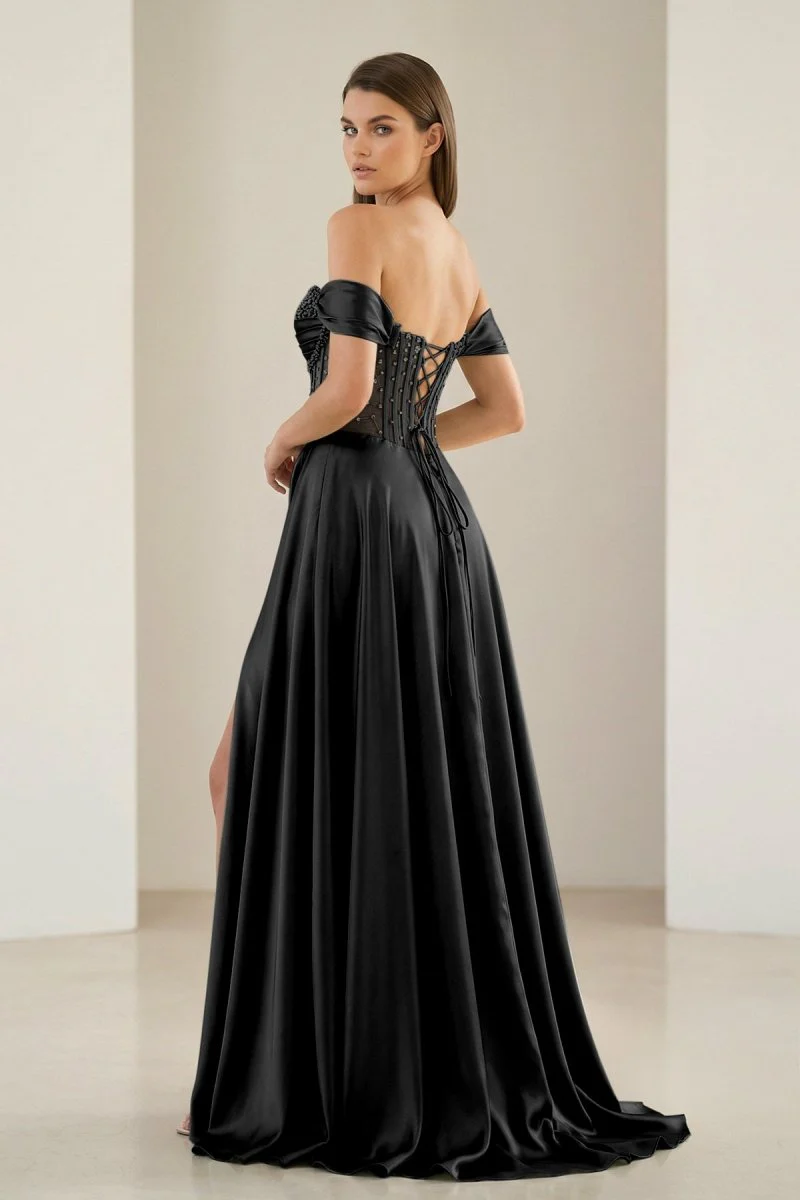 Sage Off The Shoulder A Line Satin Beaded Prom Dresses With Slit
