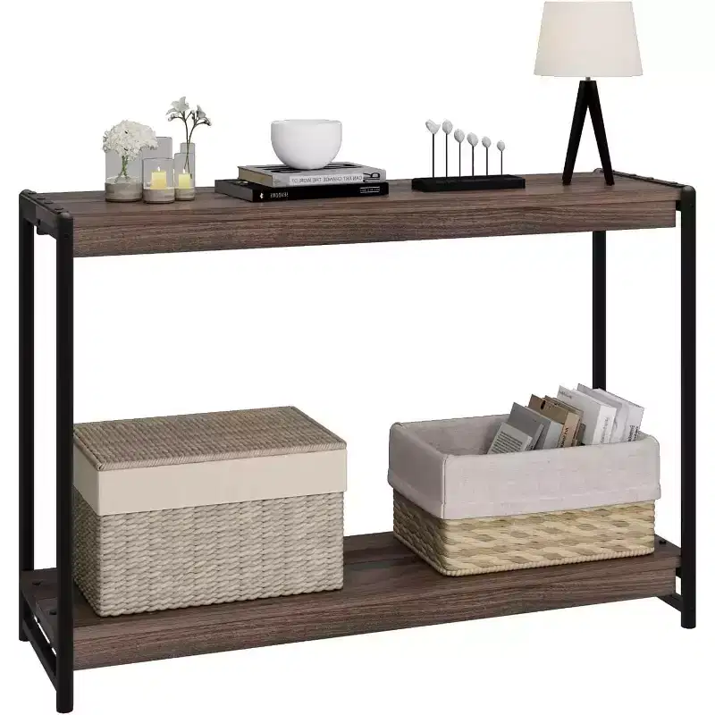 Particleboard Console Table - 40 Inch Console Table, Slatted Two-Tier Table with Shelves, Farmhouse Rustic Style for Entryway, Living Room, Hallway