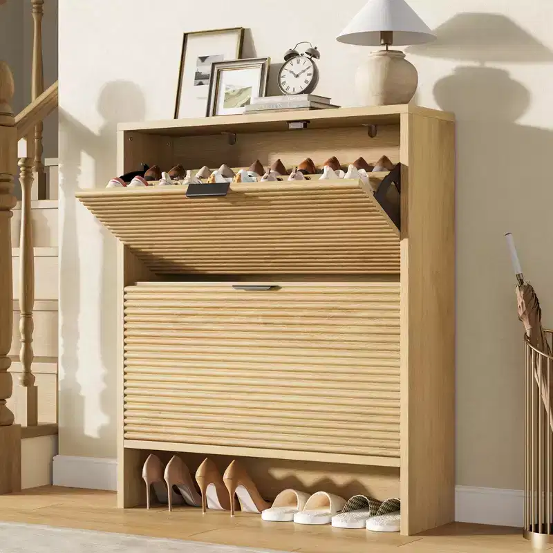 2 Flip Drawers Fluted Shoe Storage Cabinet, 31.5 Wide Freestanding Hidden Shoe Rack with Adjustable Shelves for Entryway Living Room