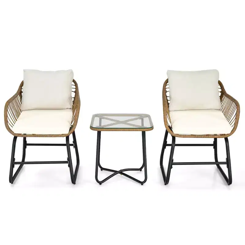 Costway 3PCS Patio Rattan Bistro Set All-Weather Cushioned Chair Table White